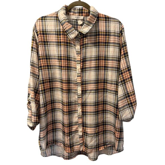 Moa Moa Woman Plaid Button-Up Shirt 3/4 Sleeve Size 2X Blouse - Picture 1 of 12